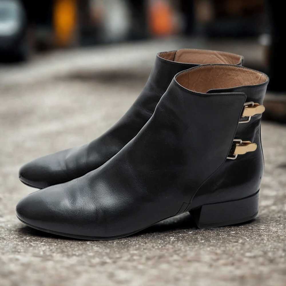 Chloe Double Buckle Black Flat Ankle Boot Gold Hardware Sz. 36.5 Made in Italy